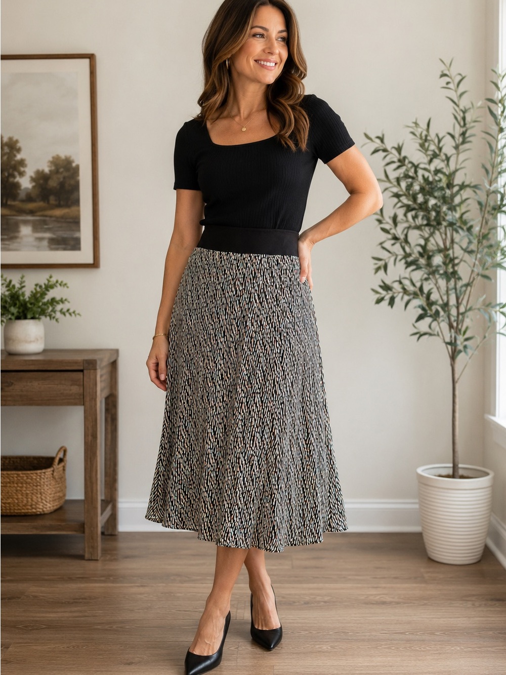 Jones Wear Pleated Midi Skirt Black Abstract Print Size L Flowy